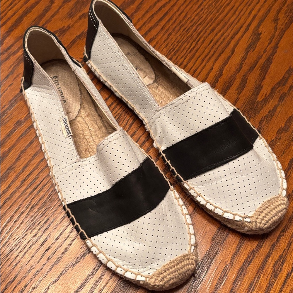 Soludos White and Black Perforated Leather Espadrille Shoes 9